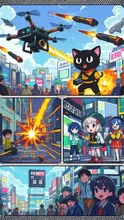 渋谷でドローン!黒い子猫!漫画! — ピクセルアートのAIイラスト|SUPPART