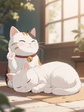 招き猫の近くで寝る猫