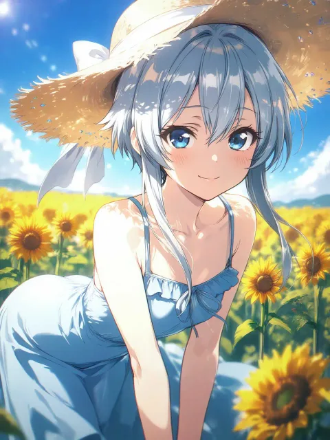 夏の青空、向日葵畑