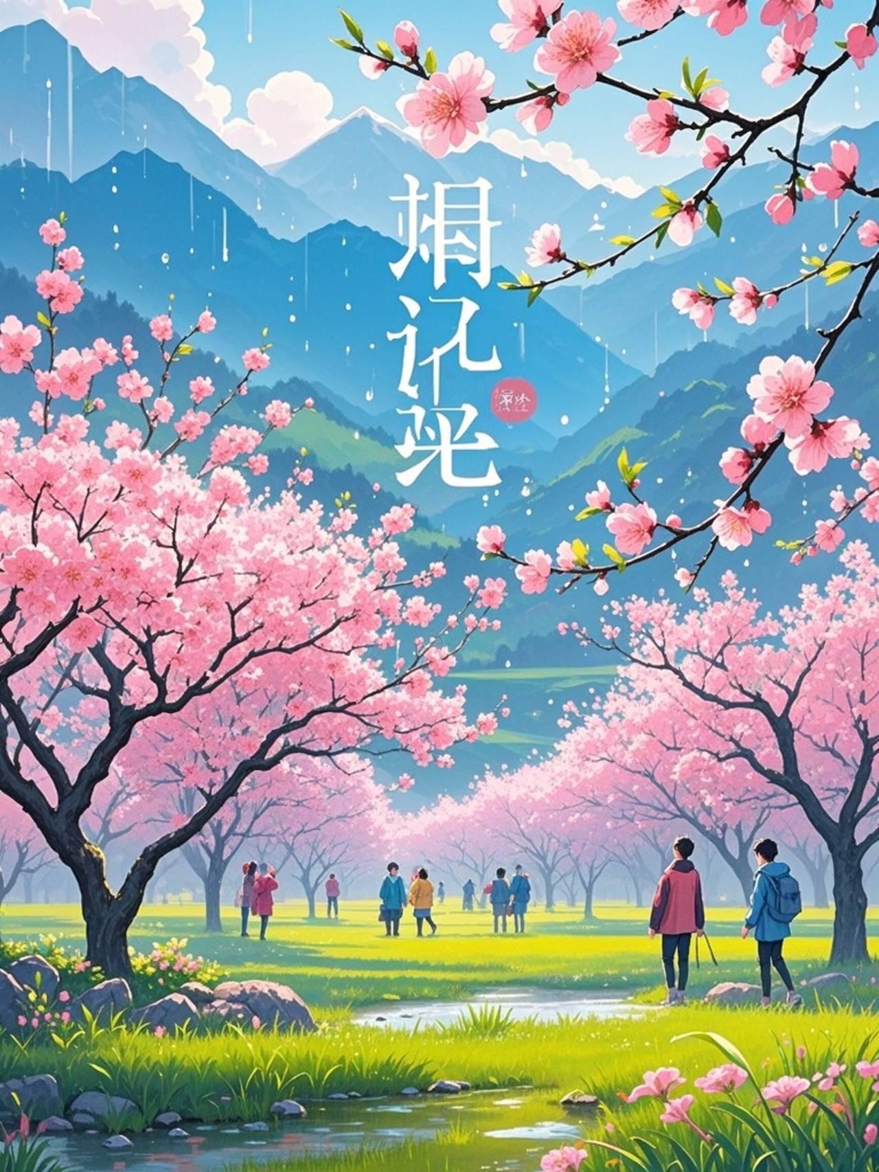 春分の顕微鏡的な風景と小型写真による草と桃の花
