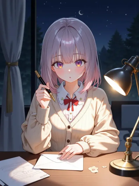 カーディガンを着て万年筆を持った成年女性、夜の机のランプの下
