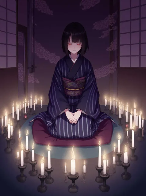 A young Japanese woman is… - 百物語の少女