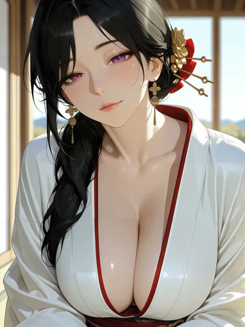 和装がはだけた色っぽい成年女性、夕暮れの田の道、深い胸の谷間