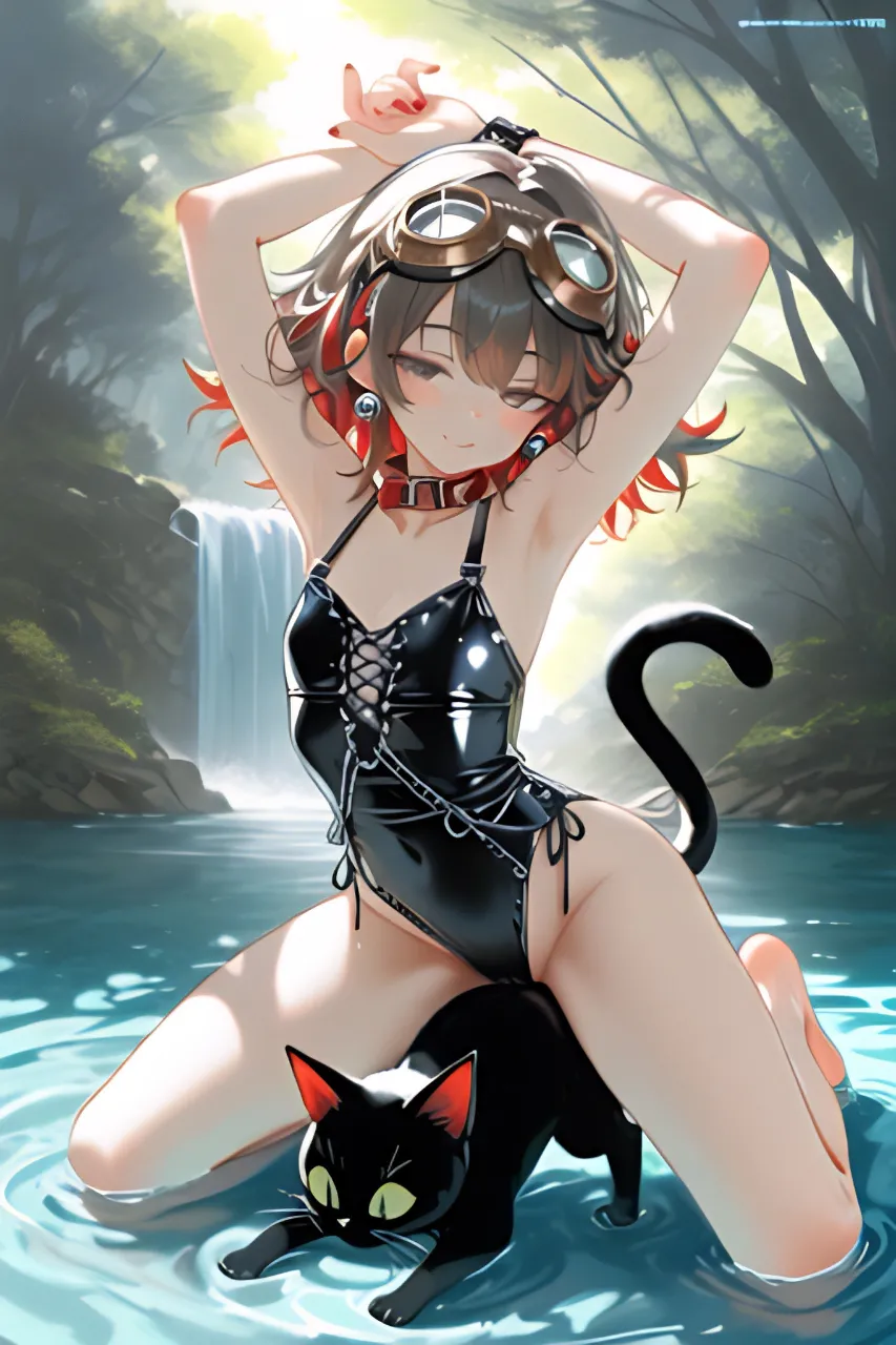 滝つぼで水遊びしてる…パンク娘と黒ニャンコ…茶