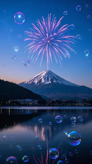 花火とシャボン玉と富士山