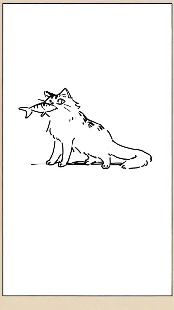 黒色の稜線のみで猫と魚の輪郭を描く 画面左下方から右上方へ歩…