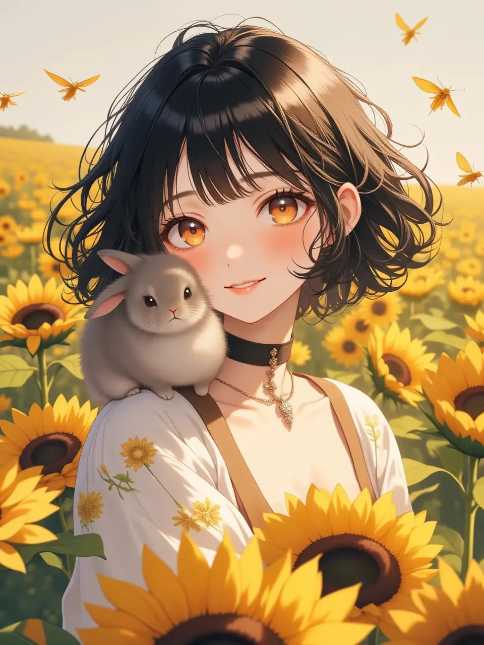 ひまわり畑にいる紅夜さんと子うさぎ — 紅夜さんのAIイラスト