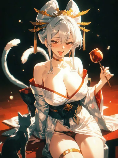 深夜の江戸時代の遊郭で晩酌をしている美しい女性 - 猫又の化け方