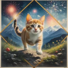 走る虹色子猫、富士山、緑豊かな渓谷、青い鳥のルリビタキ 、all set within a diamond-shaped cat frame.ピラ