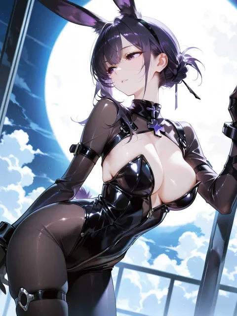 兎の耳がある色っぽい成年女性、雲の切れ間の月光 - 月の兎娘