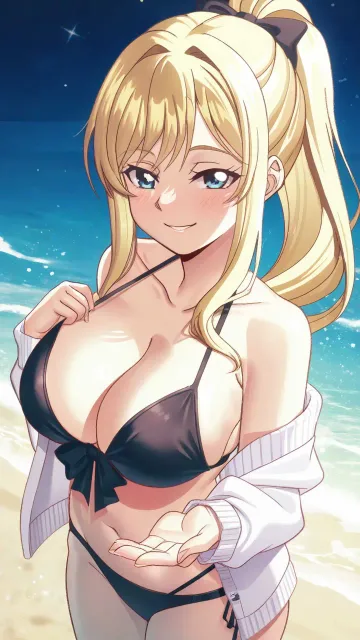 1人の女の子 爆乳 笑顔 金髪 長髪 ポニーテール
