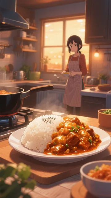 日曜日の手作りごはん、夕方の料理、オレンジの光