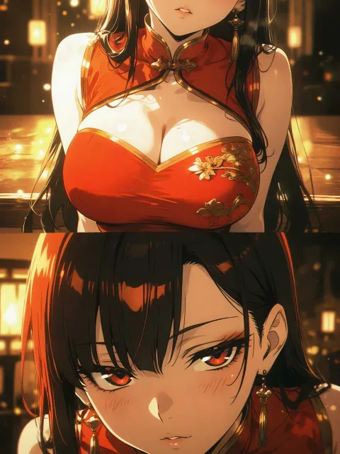 深いスリットの赤いチャイナドレスの美女、色っぽい流し目