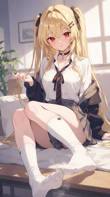 赤い目の金髪美少女が靴下を脱いでその足を嗅がせてくる