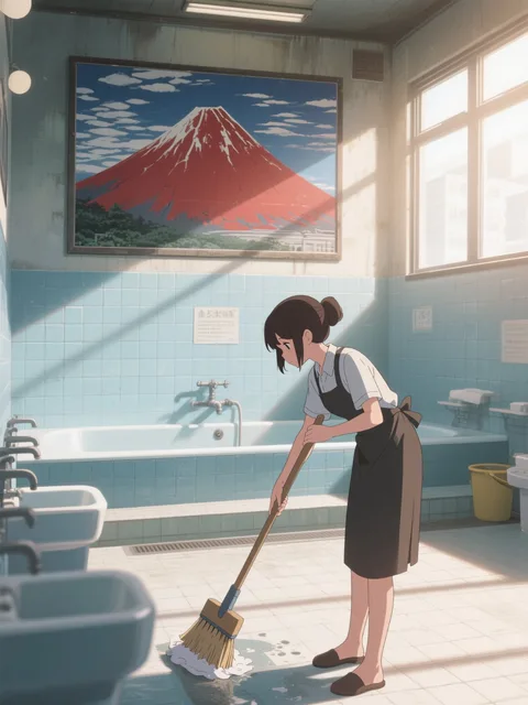 小さな銭湯の小さな富士山, 高精度アニメ - 画像生成チャレンジ