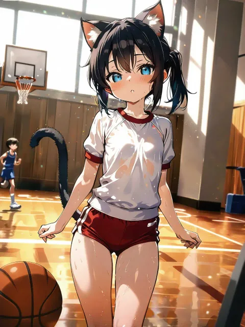 猫のしっぽ、体操服、体育館、バスケットボール、バスケの試合中