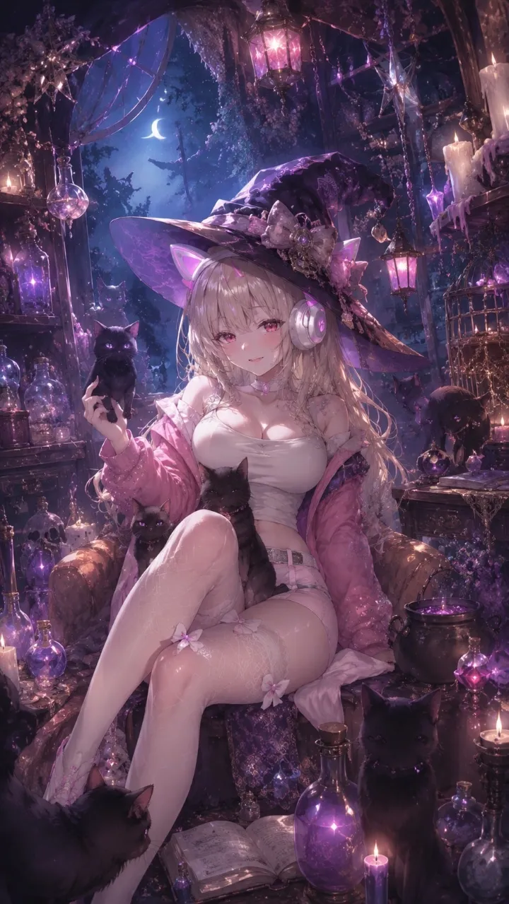 宵闇に咲く、使い魔の魔女 — うーひーさんのAIイラスト