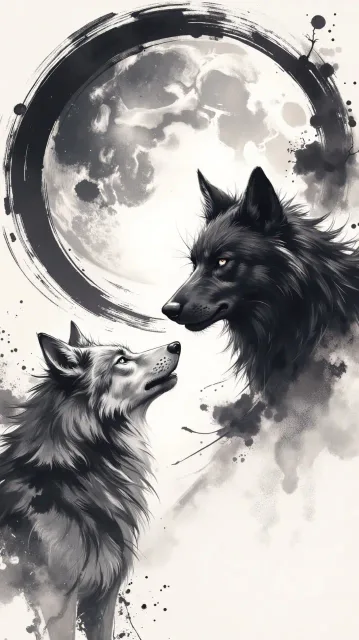 ホワイトウルフとブラックウルフ 月に向かって吠えている