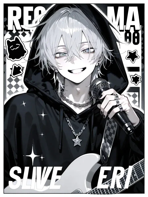1boy, solo, silver hair, messy hair, hair between eyes, grey…