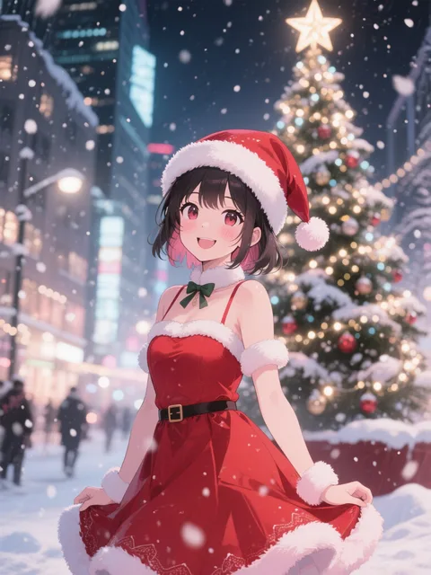 情熱的な赤いクリスマスドレスを着たふわふわのサンタ帽をそっと…