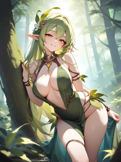 ドライアドの美少女、見事なプロポーション、葉っぱの服