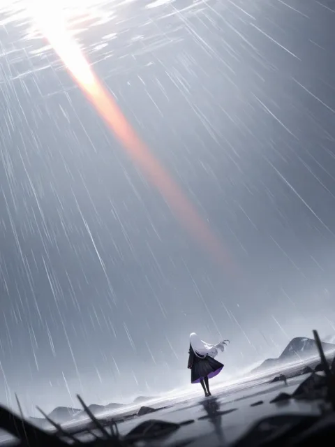 人物なし、キャラクターなし、広大な大地、遠くに陽の光と虹 - 雨の日
