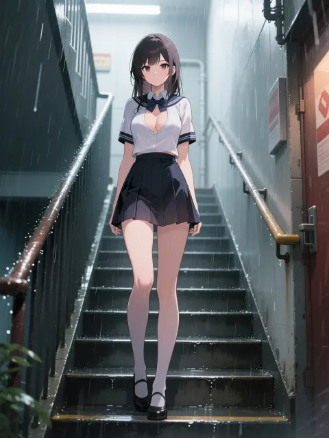 雨上がりの階段、深い胸の谷間、長い脚 - 非常階段