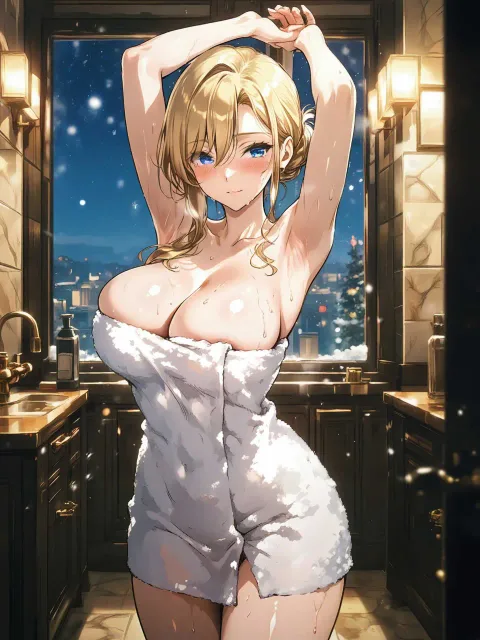 脇の下で結び目を作ったバスタオル姿の色っぽい成年女性