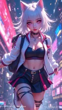 Cat-eared Cyber High School Girl Running on the Street Corner