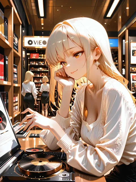 少しルーズな服装、アナログレコード盤を両手で持った成年女性