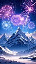 雪山に映える大花火