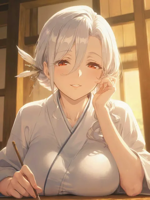 きちんとした服装、白と紅の着物を着た鶴の娘の成年女性 - 鶴の恩返し