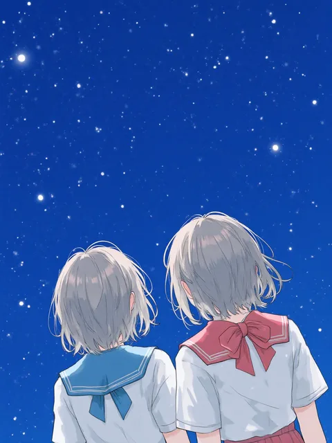 星空を見上げる双子の姉妹 - 画像生成チャレンジ