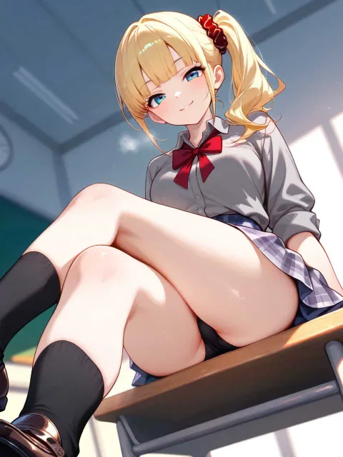 生意気で色っぽい後輩、机に腰かけて脚を組む、正面ローアングル