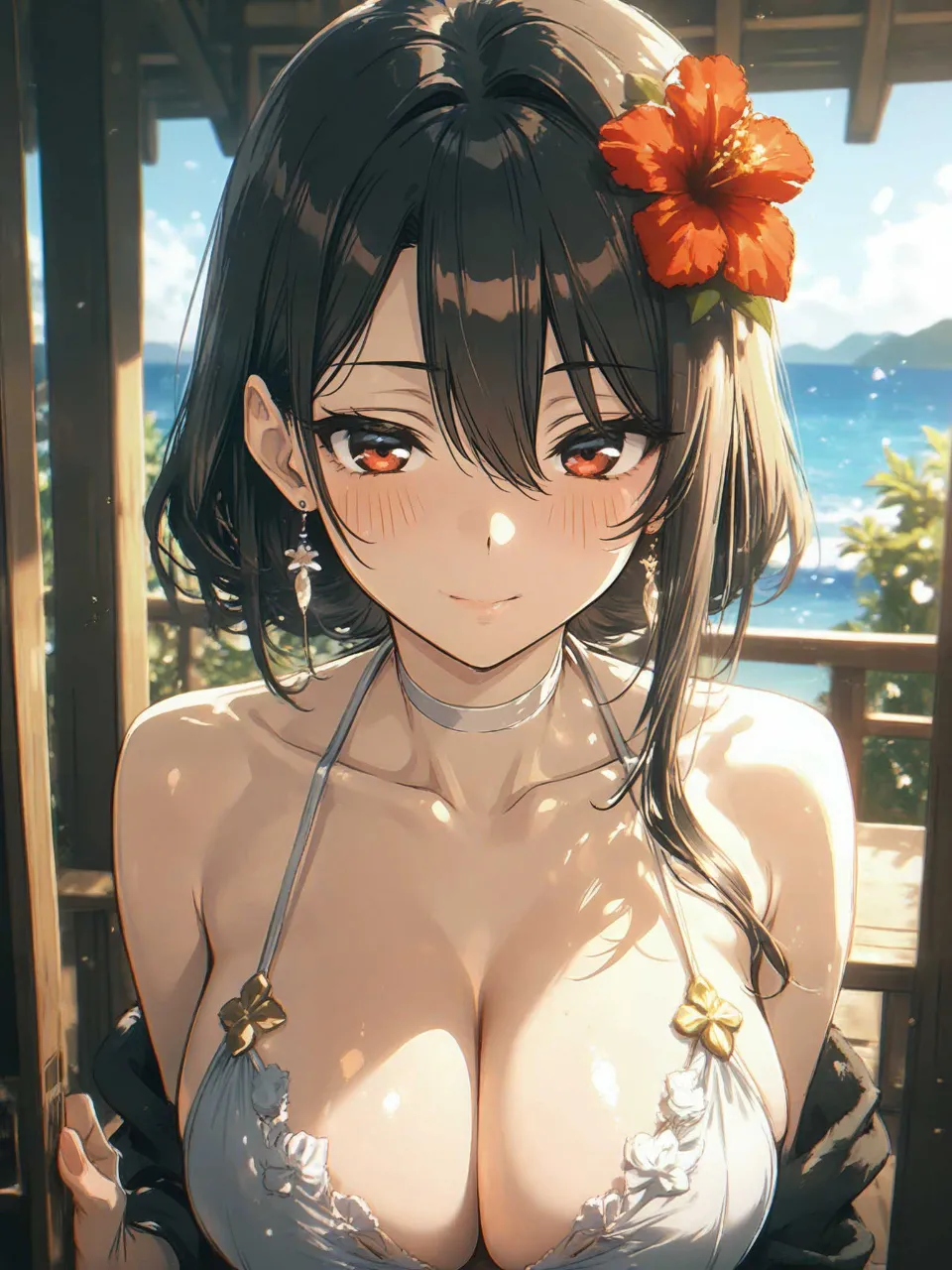 レイの花飾りの南国のトロピカルガールの成年女性、色っぽい眼差し、バストアップ、正面、色気 — ヒマカさんのAIイラスト