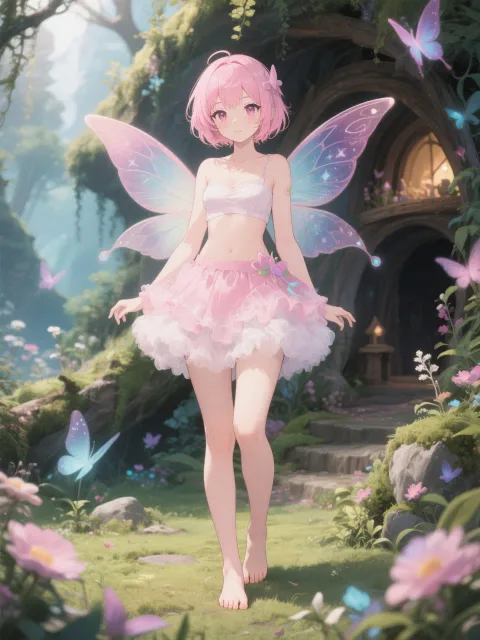 妖精の隠れ家、魔法と自然、優しい幻想世界、女の子