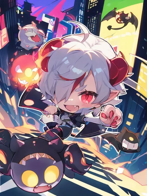 チビキャラクターヴァンパイア少女が未来都市の上空を飛んでいる