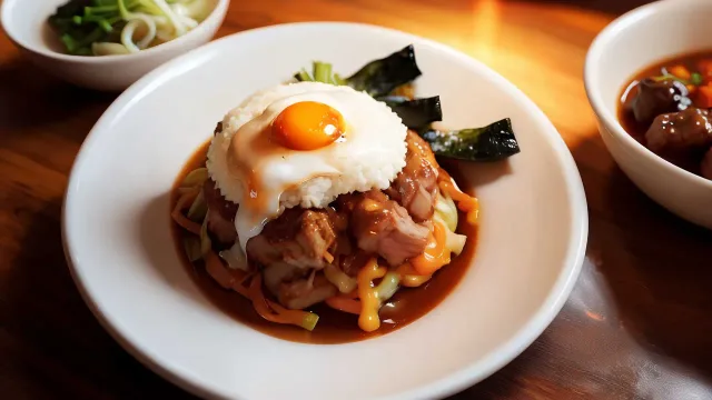 フォトリアリスティックな料理写真、大きめの丸いカレー皿に