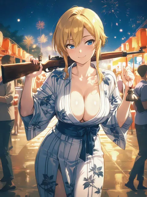 縁日の射的の美少女、狙って景品ゲット、自然な立ち姿