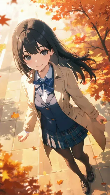 一面の紅葉、紅葉の並木道、黒色の長い髪、ストレートヘア - 紅葉狩り