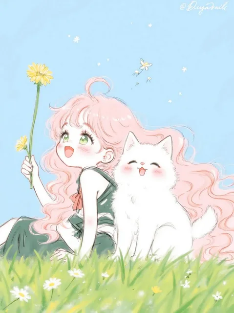 原っぱの上で座る少女と猫、一面の青空、近くにたんぽぽが1輪