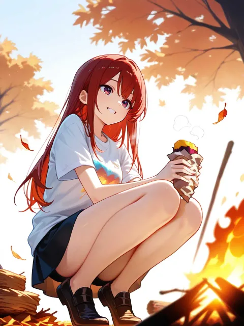 焼き芋、枯れ葉の山、焚き火、空き地、茶髪セミロングの美少女