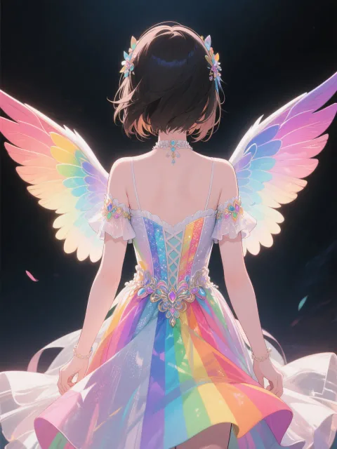 美しいドレスを着た美少女の後ろ姿 虹色の翼 - 立ち姿 vs 座り姿