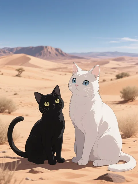 砂漠の旅 白猫と黒猫 - 画像生成チャレンジ
