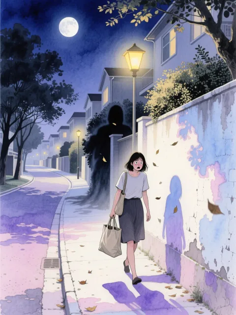 広角レンズ、真夜中の住宅街
