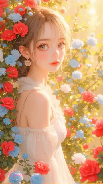 金色の背景 純白のドレスを着た綺麗な女性 赤 - 薔薇園の午後