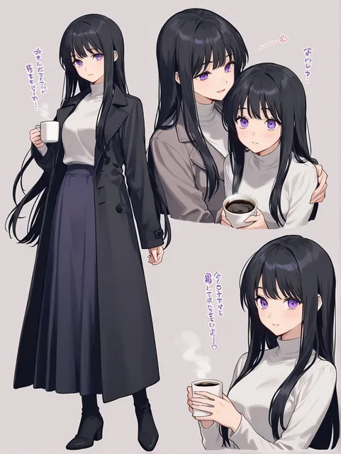 紫の目の女性、黒髪ロング、ロングコート、ロングスカート