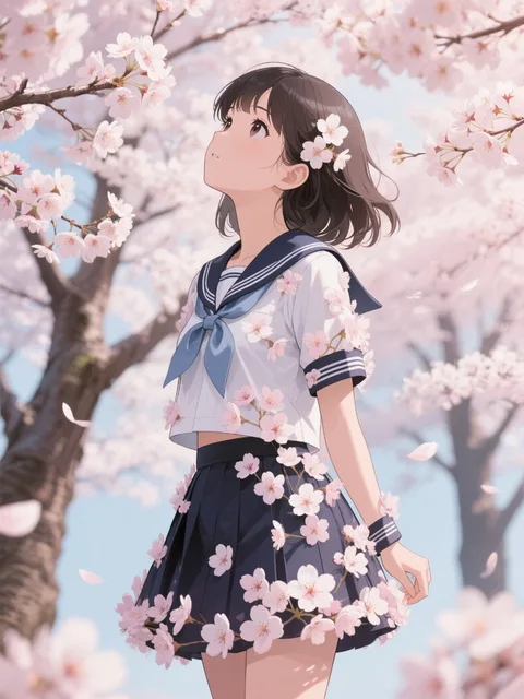 桜で作られたセーラー服を着た美少女が桜並木を見上げている