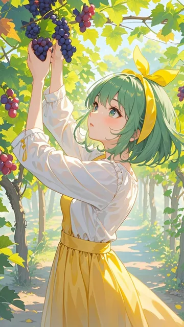 ぶどうの木のトンネルをくぐると、つやつやと光る紫色の実がいっぱいで、まるで宝石みたい…!
