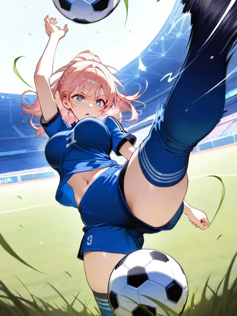 青いサッカーユニフォーム、色っぽい成人女性 - ユニフォーム美少女